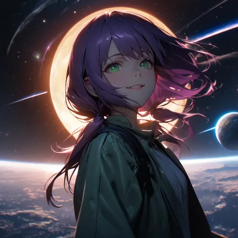 mech, a glass texture, girl, smiling, lonely, looking at viewer, low twintails, purple hair, green eyes, slim, lanky, beautiful ass, athletic, mask, shooting a gun in front of her, Scene of Tension, Revelation Scene, with a sun, with a planet, with a comet...