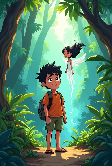 MAKE A COMIC BOOK COVER ABOUT A BOY WHO ENCOUNTERS A SPIRIT FROM THE YAGUA TRIBE IN THE PERUVIAN JUNGLE, THAT THE SPIRIT IS A GIRL AND THAT EVERYTHING IS ANIMATED, SIMPLE AND EASY TO DRAW AND THAT THE GIRLS CAN TELL THAT IT IS A SPIRIT