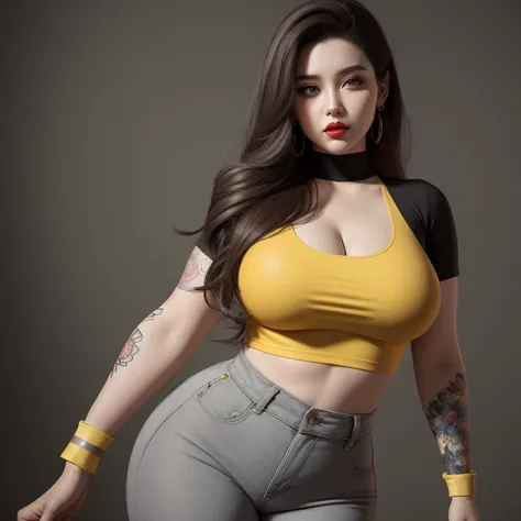 
High face quality, high red lips quality, high gray eyes quality, woman with very long dark brown hair, wearing yellow high waisted crop top with black spots and short t-shirt clothes,big breasts, curvy body, cinematic lighting , perfect face ,3d , fantas...