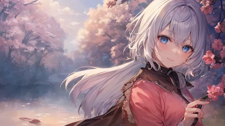 Ultra HD,Look at the viewers, Place your hands behind your back, and, 20-year-old, 非常にshort hair, Long bangs between the eyes, Pale blue eyes, Very detailed,(masterpiece、Highest quality),Gray Hair、Laughter、wonderful, Silver Hair, iris, short hair、 Flutteri...