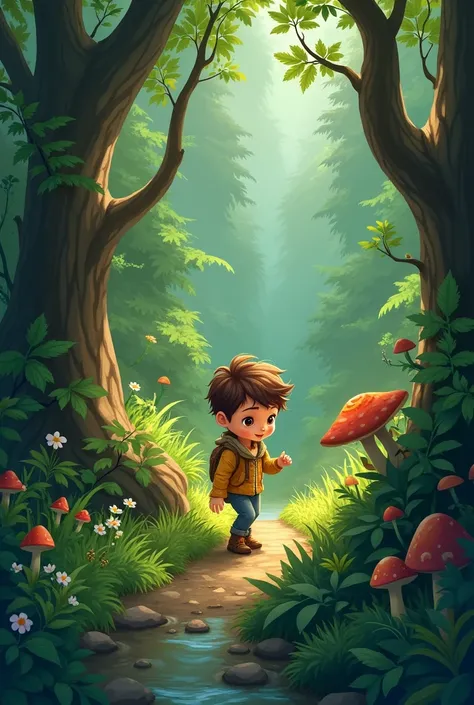 Draw a boy in a forest from a top-down perspective