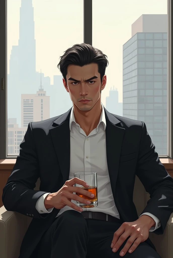 Digital  Manhwa minimalista oil painting art , 50-year-old man of Japanese ethnicity with pronounced masculine features, athletic appearance and visible beauty, short black hair, serious look, pale skin, black eyes, sitting elegantly in his office with a v...