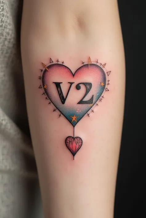 Create a tattoo design of v² and a small heart, make it more intricate. 
