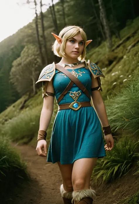 analog film photo, photo of a Hylian girl, elf ears, azure eyes, messy blonde bob cut, tan complexion, tall stature, voluptuous hourglass figure, full hips, plump round buttocks, wearing a linen mini-dress, strolling through Hyrules wilderness, resembles P...