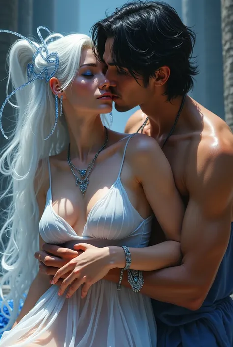 2d Couple with a very slender beautiful transgender beauty with long white hair , pushed back locks, sharp eyes, slit_ pupils, pale eyes, large breasts)), blue eyeliner, blue eyeshadow , blue lipstick, beautiful dragonic eyes, silver eyes, ultra well detai...