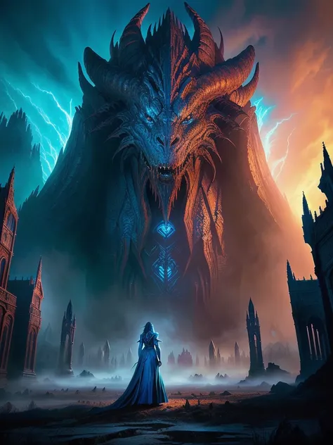 arafed woman in a blue dress standing in front of a giant monster, detailed cover artwork, inspired by Jeff Easley, dan mumford tom bagshaw, power metal album cover, an ominous fantasy illustration, jeff easley and ross tran, stylized urban fantasy artwork...