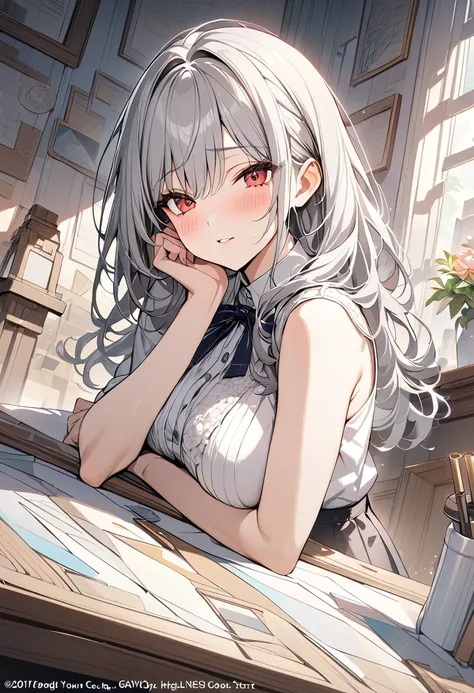 Large Breasts、Gray Hair、Red Eyes、 blush、excited、Squint your eyes、Close your mouth、ribbon、Spring Clothes、(masterpiece, Highest quality), Official Art, beautifully、aesthetic: 1.2), (1 person), Very detailed, (Geometry Art: 1.3)