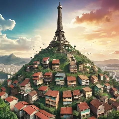 Eifell Tower in the middle of a favela, Brazil, Afrofuturism, plants, eifell tower made of houses in a favela, ultra quality, intricate details, cinematic lighting, vintage album cover