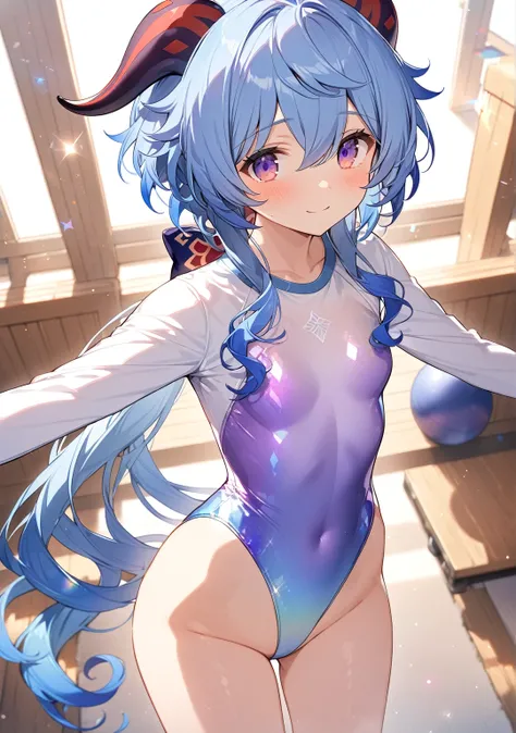 highquality illustration, masterpiece, very delicate and beautiful, attractive girl, ganyu (genshin impact), Purple eyes, long hair, light blue hair that ends in shades of darker blue, long ponytail, Brownish horns with red engravings, turn backwards, (gym...