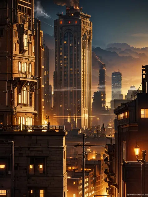 Industrial city, Surround with a wall, steampunk, rusty and heavy, smoke, a fireplace, Plants, gears, technique, tall buildings, towers, steam power, steam pipes, Street lights, (cinematic lighting:0.8, super detail, blossom)