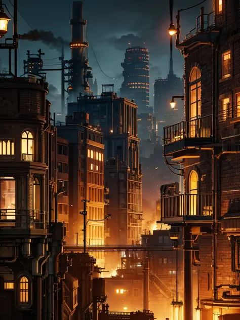 Industrial city, Surround with a wall, steampunk, rusty and heavy, smoke, a fireplace, Plants, gears, technique, tall buildings, towers, steam power, steam pipes, Street lights, (cinematic lighting:0.8, super detail, blossom)