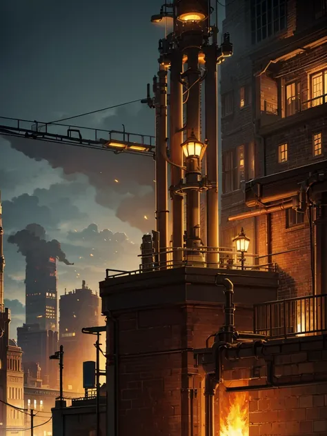 Industrial city, Surround with a wall, steampunk, rusty and heavy, smoke, a fireplace, Plants, gears, technique, tall buildings, towers, steam power, steam pipes, Street lights, (cinematic lighting:0.8, super detail, blossom)