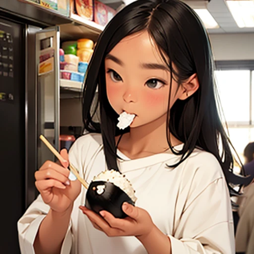 The image of someone holding an onigiri (rice ball) with their mouth open, bringing the onigiri to their mouth.