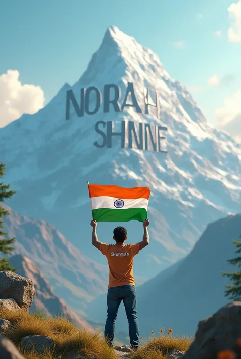 "Create a 3D illusion of a majestic mountain with the words NORAH SHINE engraved in large, bold letters on the mountains top. At the forefront of the image, a 30-year-old man stands proudly, holding the Indian national flag high. He is facing the mountain,...