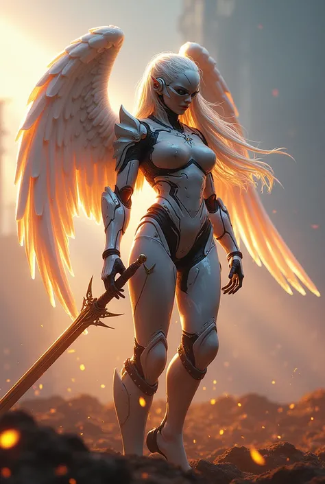 archangel michael,war effect,REAL - style image of a woman with a sword in a field, cyberpunk art inspired by Leng Mei, cgsociety contest winner, fantasy art, beautiful cyborg angel girl, angel knight girl, as a mystical valkyrie, battle angel, angel in se...