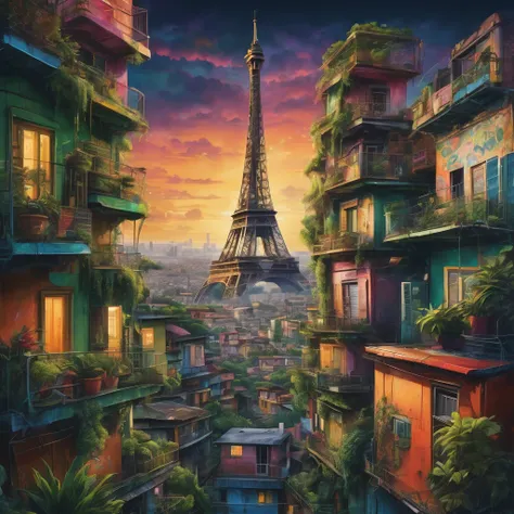 a detailed futuristic painting of the Eiffel Tower made of houses in the middle of a Brazilian favela, intricate architecture, overgrown plants, cinematic lighting, vintage album cover style, ultra-detailed, masterpiece, photorealistic, 8k, dynamic composi...