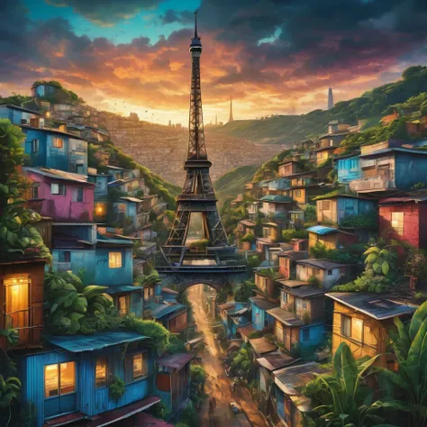 a detailed futuristic painting of the Eiffel Tower made of houses in the middle of a Brazilian favela, intricate architecture, overgrown plants, cinematic lighting, vintage album cover style, ultra-detailed, masterpiece, photorealistic, 8k, dynamic composi...