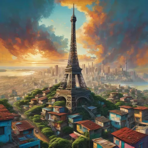 a detailed futuristic painting of the Eiffel Tower made of houses in the middle of a Brazilian favela, intricate architecture, overgrown plants, cinematic lighting, vintage album cover style, ultra-detailed, masterpiece, photorealistic, 8k, dynamic composi...