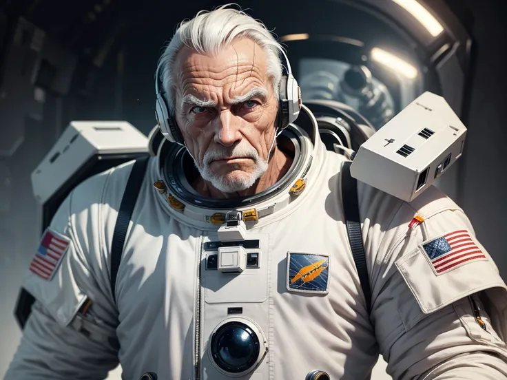 Character design, sci-fi astronaut, old, male, strong, aggressive, wearing white with gray stripes, white background