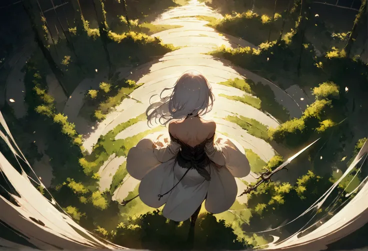 A woman holding a spear. In the fight against dragons, White Hair, Back view, Panoramic view from above, Capturing the vastness of nature. Soft lighting creates a warm atmosphere