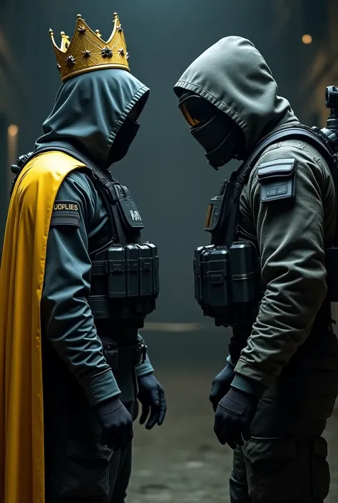 hooded man whose face cannot be seen, wearing a golden crown on his head, a SWAT suit and a yellow cape, and also a heavy bulletproof vest, fighting against an elite soldier who is armed and wearing night vision goggles