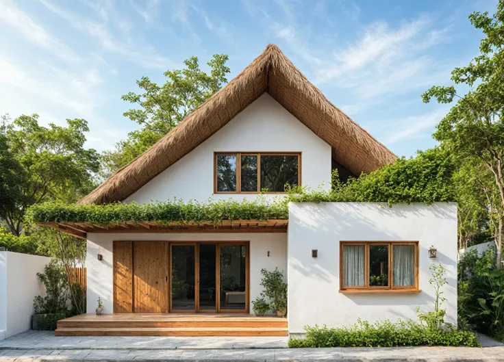 modern thatched roof house, on the street, streetscape, white tones, small window, wooden door frames, rustic wood and firewood ...