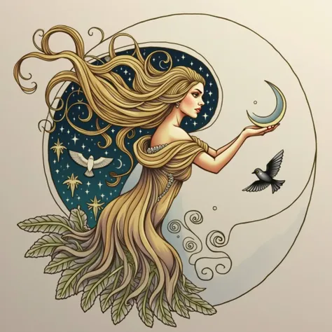 Imagine a moon goddess with long, flowing hair in the Art Nouveau style, flowing in elegant curves and spirals. Her body may be partially enveloped in a flowing dress, with floral details and leaves, in harmony with the Art Nouveau aesthetic. She holds a c...