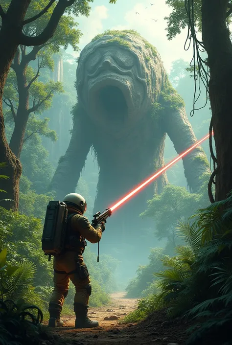 An astronaut with a laser gun destroys a rock in the jungle. 