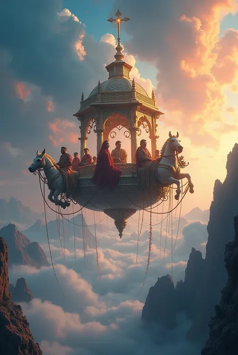  “The suitors traveling in the magical chariot, soaring through the skies towards Vindhyachal Mountain. The background is a blend of vibrant skies and distant mountains, showcasing their journey through the clouds.”