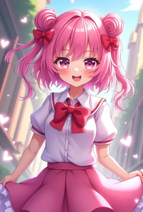 female、Pink and white school uniform、Pink vertical rolls、Drooping eyes、Double teeth、恋の魔法少female