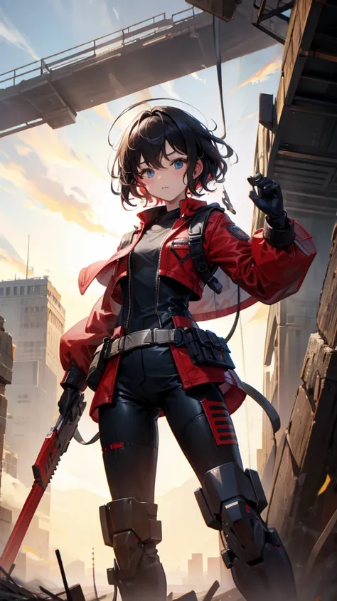 The metropolis of the future.A cute and charming oriental child,Wear headphones,Short curly hair,Wearing a red and white combat uniform,Wearing a combat coat，High-tech pistol，in the ruined city