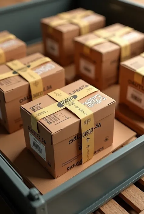 (photorealism:1.2), Show several SMALL BOXES GROUPED TOGETHER IN A CONTAINER WITH TAPE AROUND THE BOXES FOR TRANSPORT AND ON PALLETS and with instructions on how to handle the box. But these boxes should have the company name "DELICIAS GOURMET SA" that han...