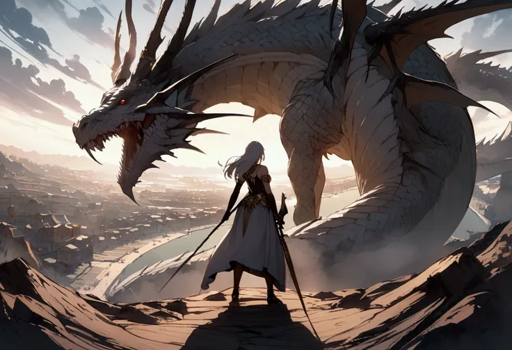 A woman holding a spear. In a battle with a giant dragon, White Hair, Back view, Panoramic view from above, 