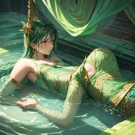 A woman, Ancient costume in light green color and water drawings,lying on bed, Ancient room