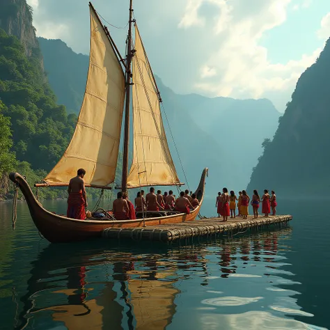 photorealistic,photo-realistic:1.37,ultra-detailed,best quality,4k,8k,highres,masterpiece:1.2,realistic,extremely detailed,vivid colors,stunning,magnificent lake atitlan,traditional maya sailing boat in front of a floating bamboo platform,detailed maya aud...