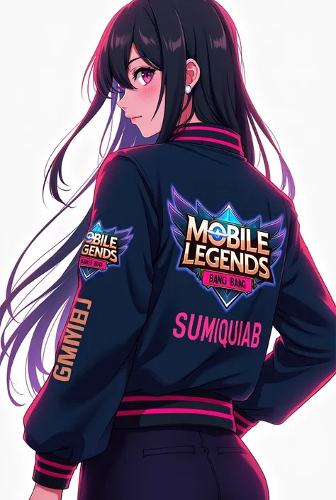 Anime Woman facing full back like her head sidewearing jacket with the logo of moblie legends bang bang with my last name SUMIQUIAB