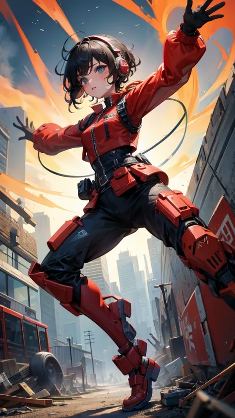 The metropolis of the future.A cute and charming oriental child,Wear headphones,Short curly hair,Wearing a red and white combat uniform,Wearing a combat coat，Holding a high-tech pistol，in the ruined city