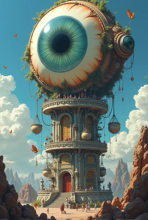 a large eye at the top of a tower watching people use social networks, not so realistic, more lively
