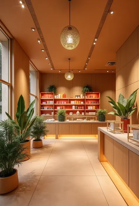 Create an interior design image for the Loccitane Au Brésil store with tiles, light wood, golden metalwork pendants with plants and some colors in red, coral, orange, yellow but minimalist
