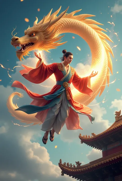 A 3D animated adult male character in traditional Chinese clothing is flying over a rooftop and using spiritual energy, with a golden dragon behind him.