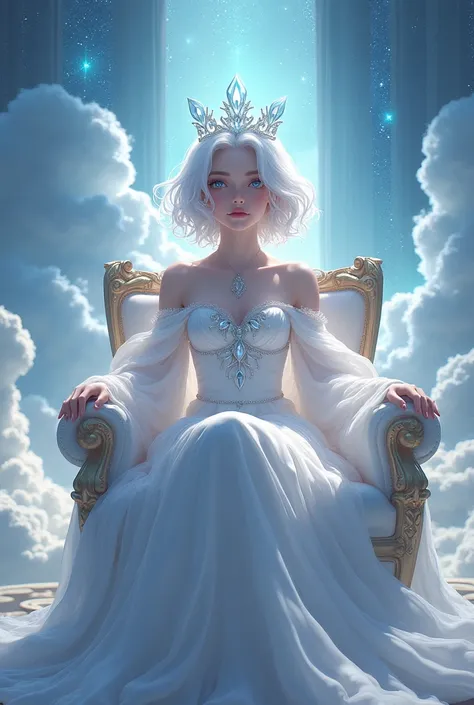 Short white haired gorgeous girl with a bright silver colored eyes, wearing a white long gown with her diamond crown, sitting on a throne of the sky kingdom.