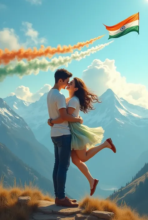 A 20 year boy and a 18 year girl wear same colour t shirt where name shailly written on boy t shirt and Deepak name written is girl t shirt, boy lift the girl and she is holding Indian flag . They are standing on mountain hill where Indian jet flying on th...