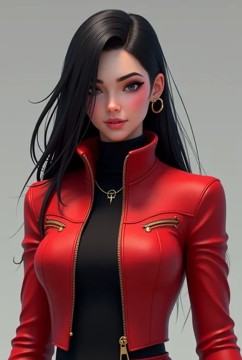 A female Roblox character with black hair, a black shirt and a red jacket