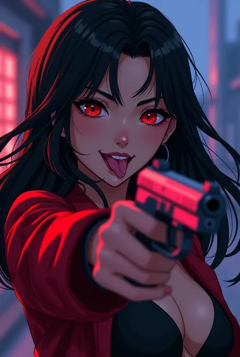 Girl with black hair and red tips, dark skin tone, with a mischievous smile and her tongue out, sexy black and red clothing, Pointing a gun at the camera, a night with lighting tones pulled towards purple and a little bit of blue, artwork style: anime mini...