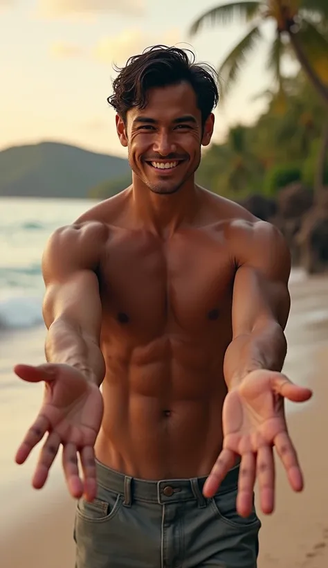 photorealistic, best quality, masterpiece, extremely detailed, sexy, homoerotic, extremely handsome, 20 year old samoan man, smiling, holding out both hands towards camera, walking on the beach, extremely romantic atmosphere, perfect face, perfect fingers,...