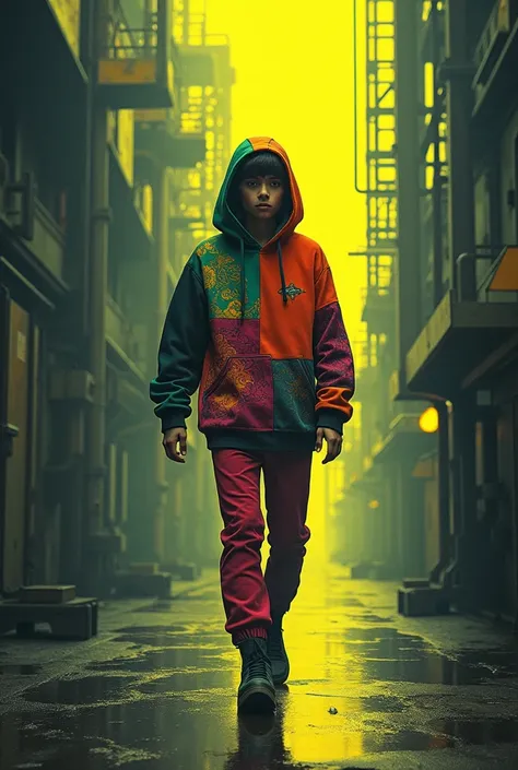 A young person composed of geometric colorful abstract shapes, walking in a nuclear power plant, with a dim yellow lighting