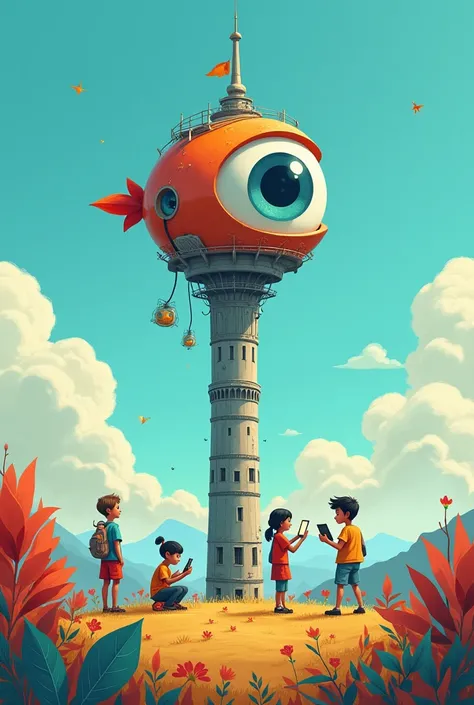 I want an animated drawing of an eye in a tower watching children use social media, Very lively to present to 5 year olds
