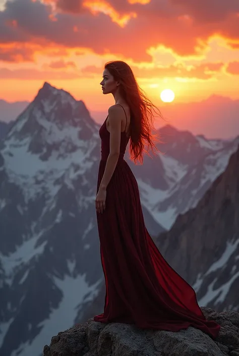 Woman in a dress, Linda, with a reasonably striking body standing on a mountain looking at the sunset 
