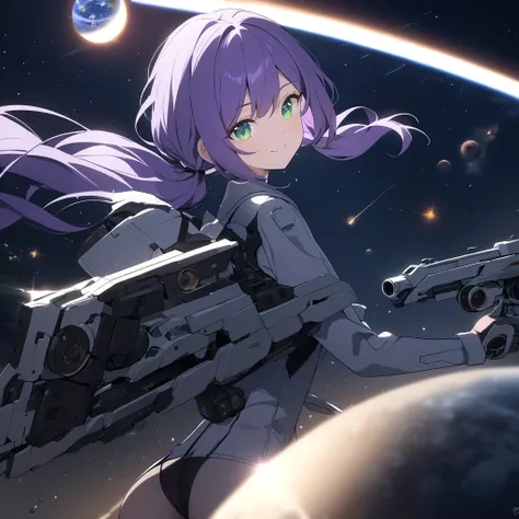 mech, a glass texture, girl, smiling, lonely, looking at viewer, low twintails, purple hair, green eyes, slim, lanky, beautiful ass, athletic, mask, shooting a gun in front of her, Scene of Tension, Revelation Scene, with a sun, with a planet, with a comet...