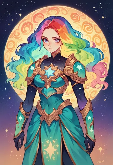 women with rainbow colored hair and detailed teal dress armor, standing, rainbow colored cosmic nebula background, stars, galaxies, intricate details, perfect face